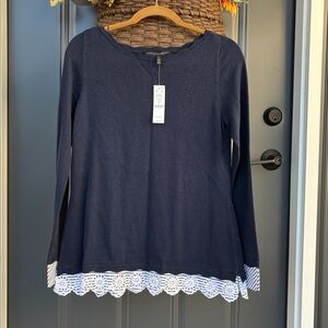 NWT White House Black Market Navy Top with Lace Detail